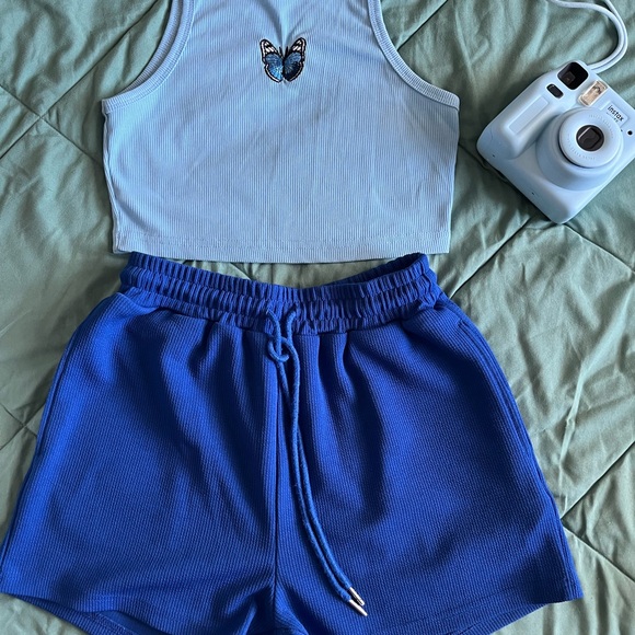 Blue One-Shoulder Top and Shorts Set + Butterfly Top - Picture 2 of 4
